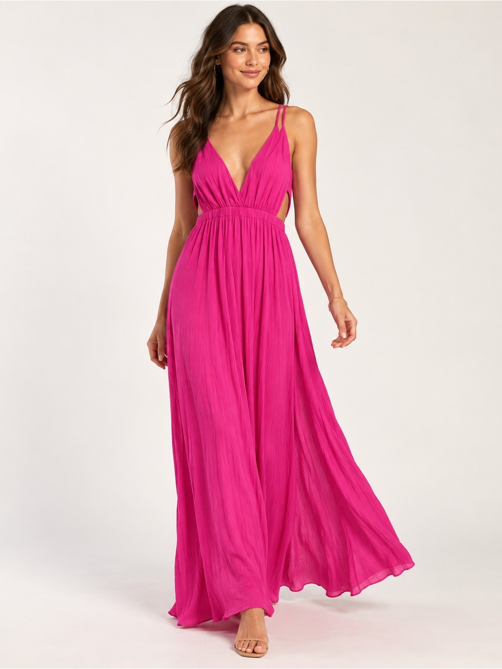 NWT Lulus XS Hot Pink Fuchsia Backless Deep V Maxi Dress – Formal Gown